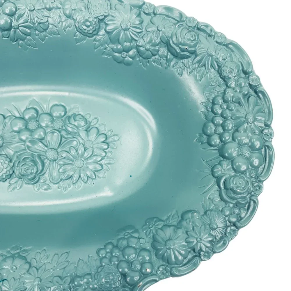 Vtg Trinket Dish Jewelry Tray Soap Blue Painted Metal High Relief Floral Ornate